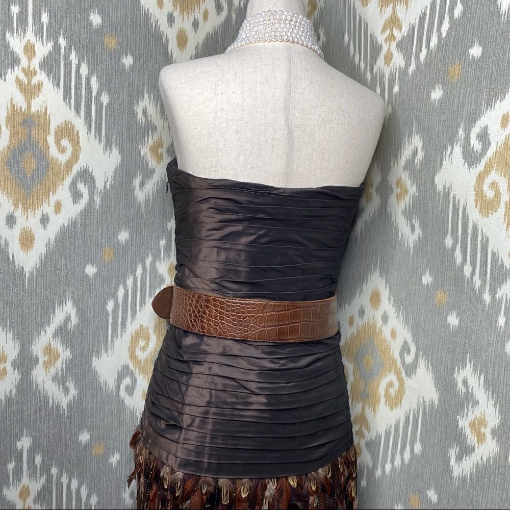 Ralph Lauren Vintage Brown Ruched Silk Taffeta Pheasant Feather Cocktail Dress - Picture 12 of 16